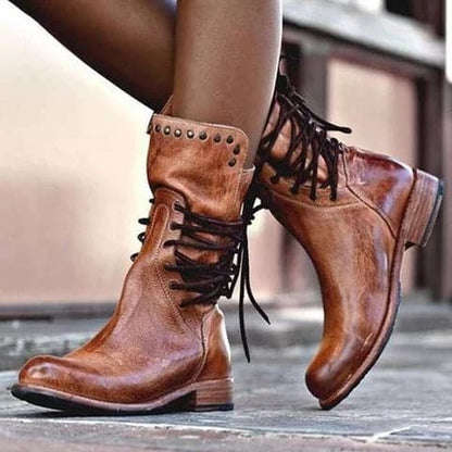 Classic Vintage Calf Boots for Women – Stylish Brown Footwear with Comfortable Fit