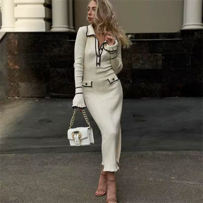 Women’s Ribbed Knitted Midi Dress with Long Sleeves for Winter Wear